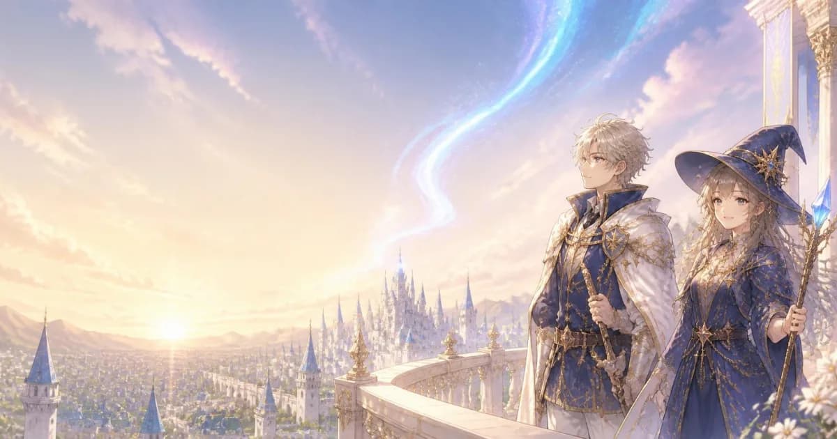 A knight and a mage on a white balcony above a city of blue spires under the aurora