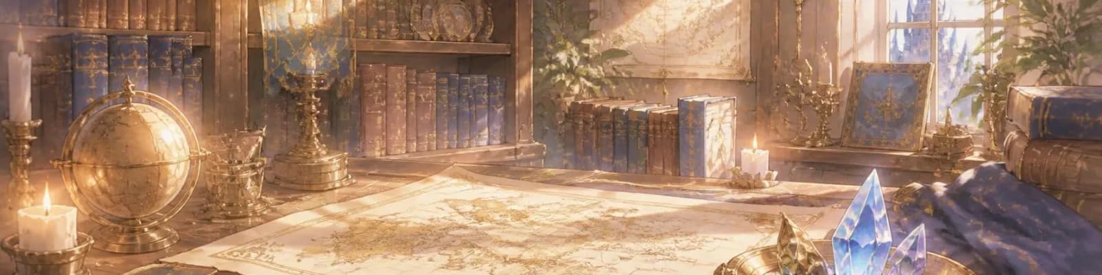 A candle-lit library with books, a brass globe, maps and a blue crystal