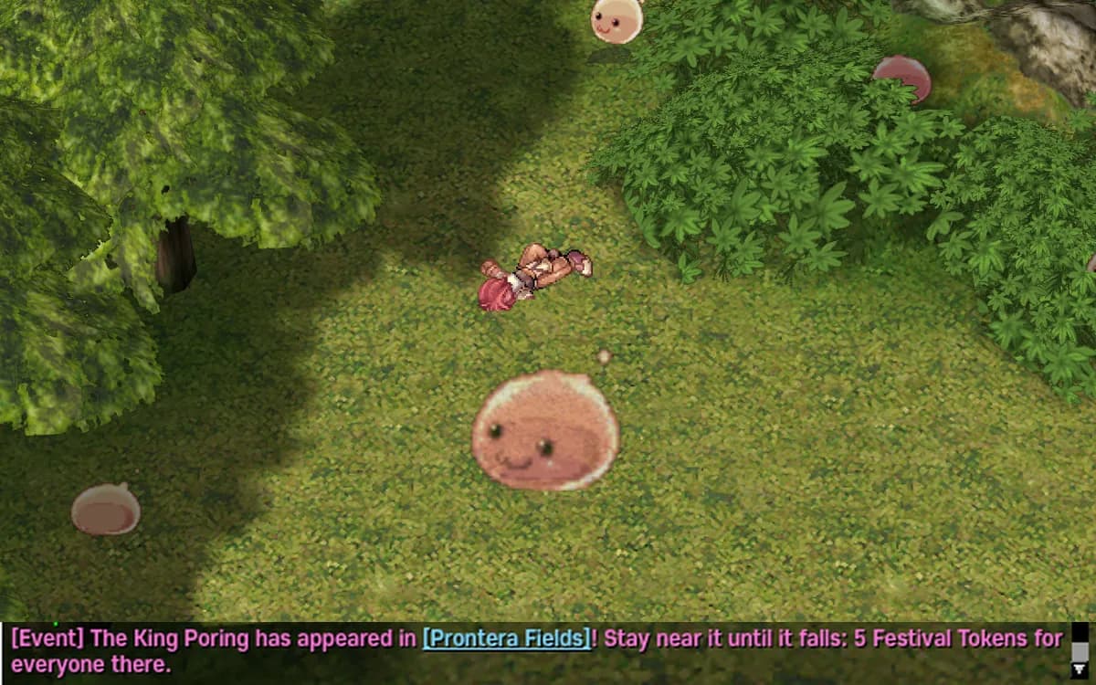 The giant King Poring on open ground, next to a player the porings knocked down; the chat names the field in game