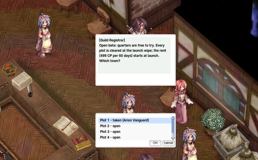 The Guild Registrar's plot list: taken plots show the guild, open plots can be rented in game