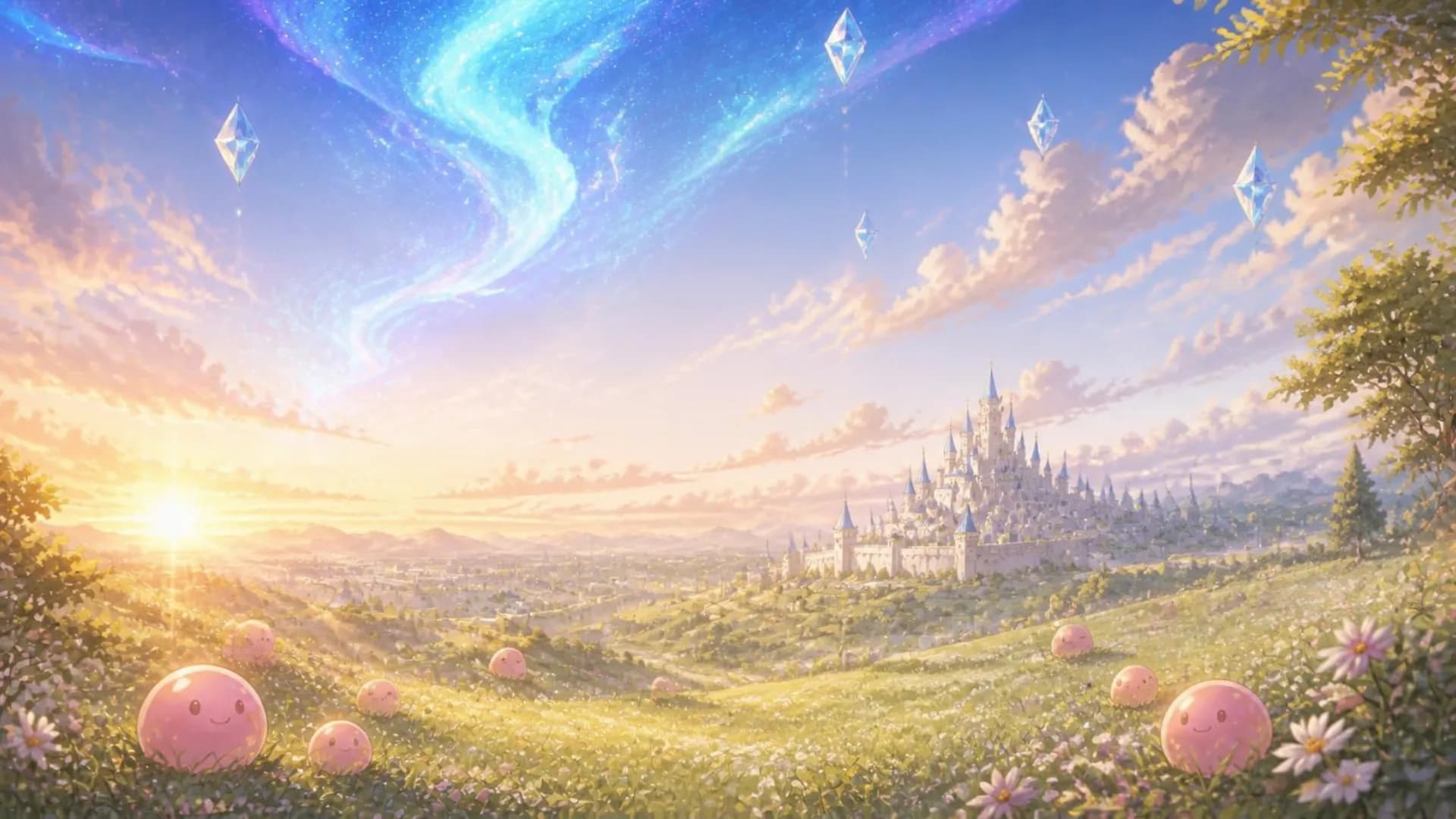 A white castle city on a green hill under a blue aurora, with a lamppost and blossoms in front