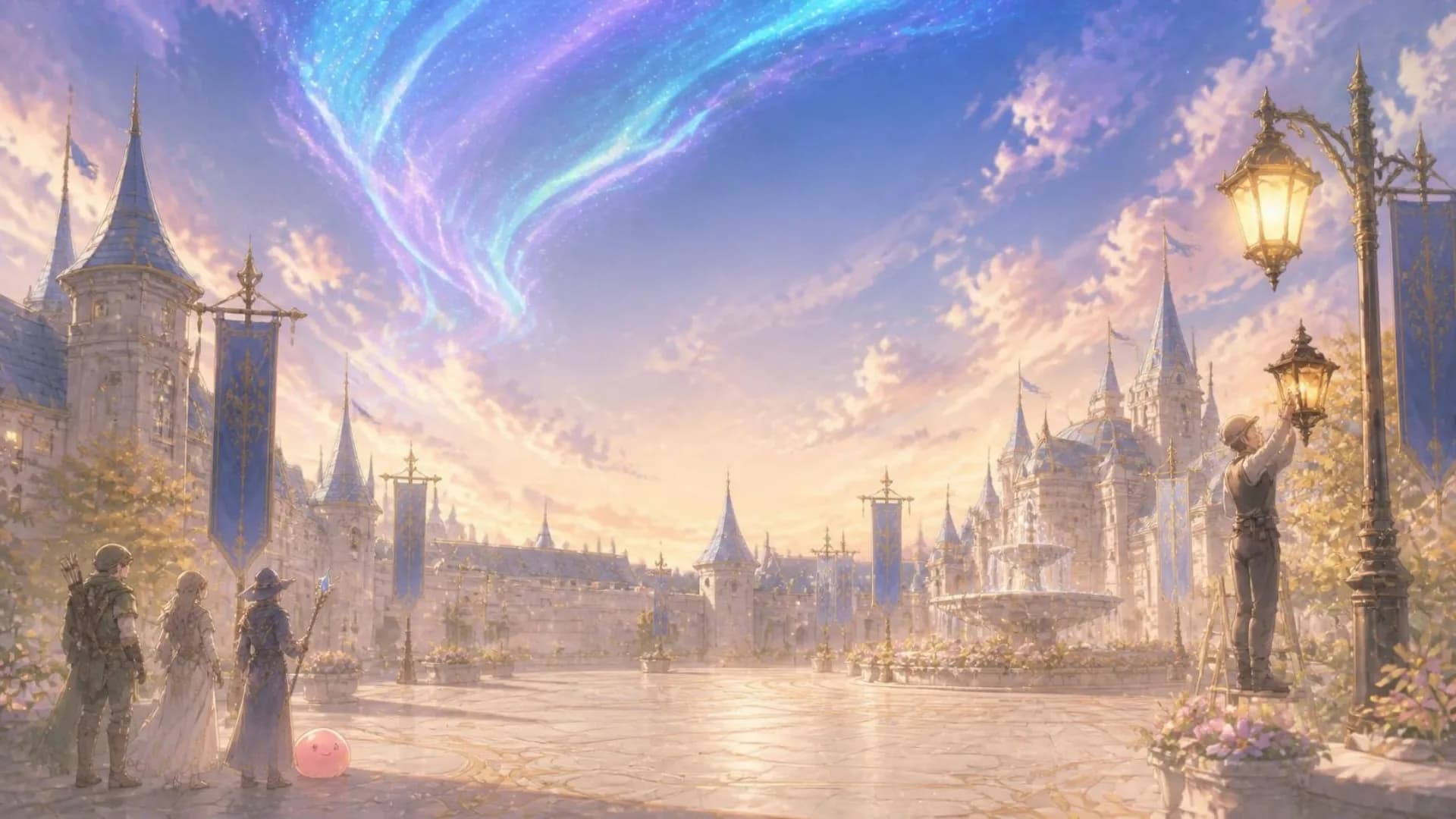A sunlit city square with blue banners, lanterns and a fountain under the aurora