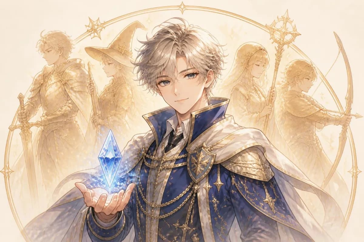 A young hero in a cobalt coat holding a glowing blue crystal, with the outlines of other classes behind him