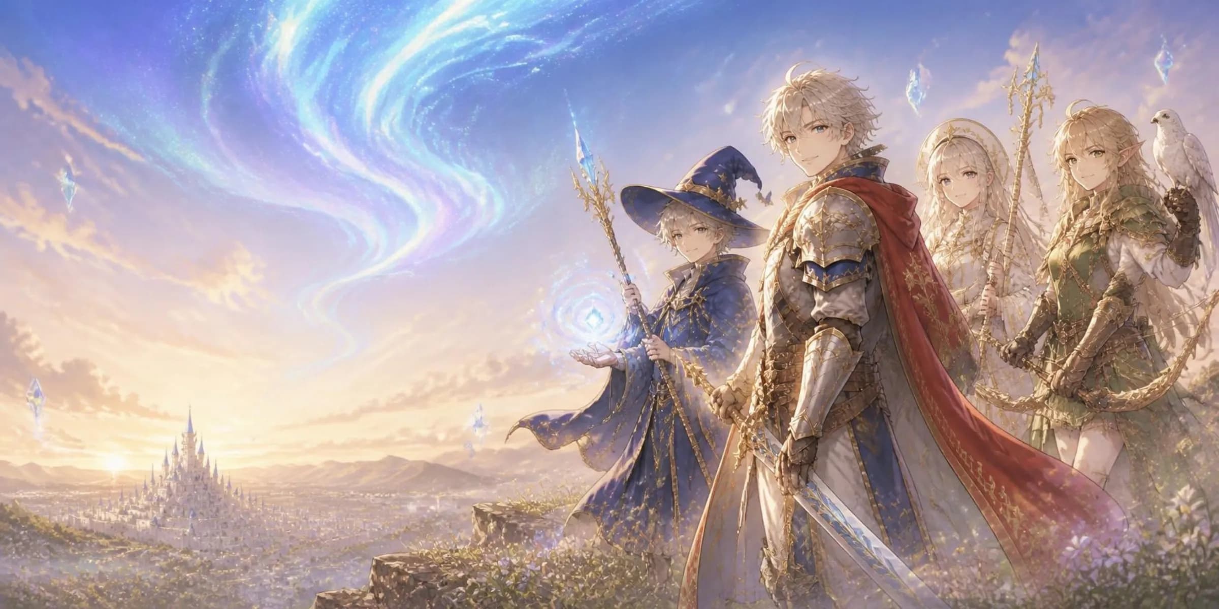 A knight, a mage, a priestess and an archer on a flowering hill above a white city at sunrise