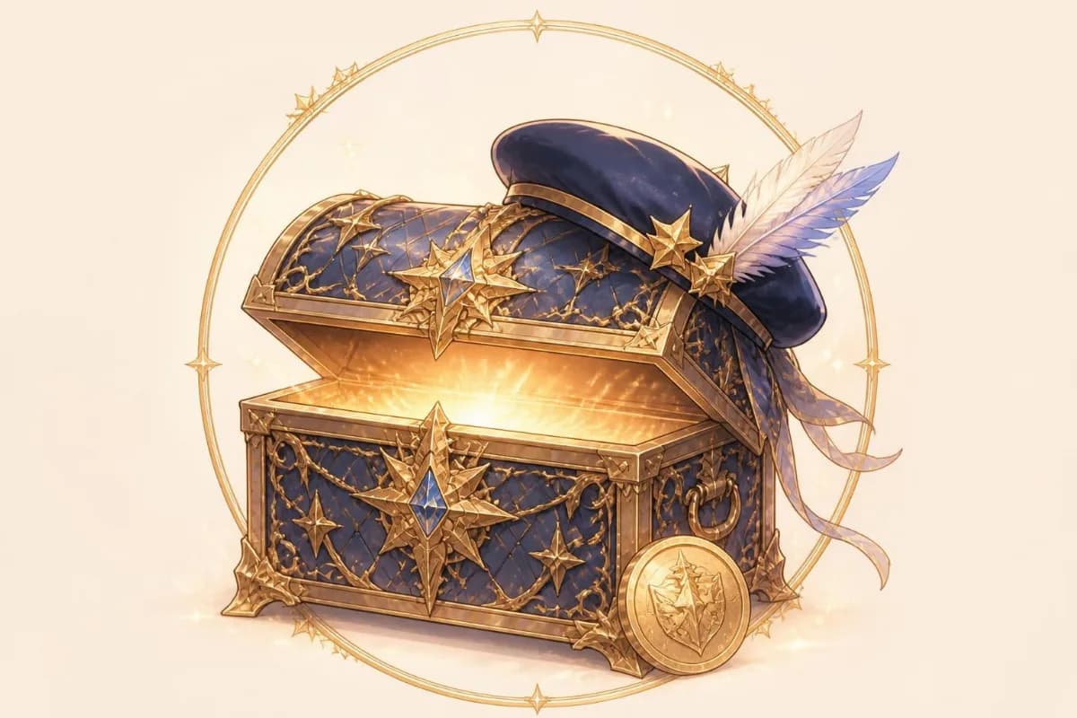 An open gold and cobalt treasure chest with a feathered hat, inside a gold ring