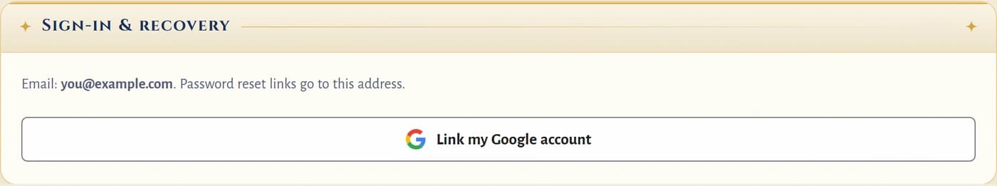Sign-in & recovery on the account page: your confirmed email and the Link my Google account button in game