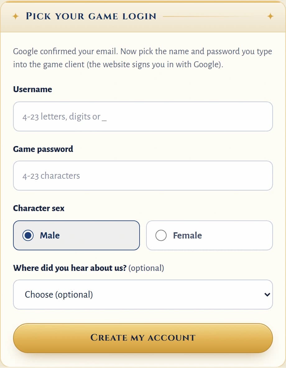 Your game account: the second step of Sign up with Google in game