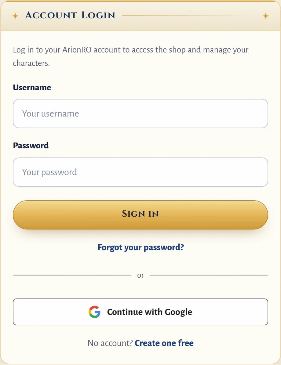The sign-in page: Forgot your password? and Continue with Google in game