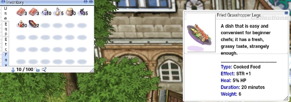 A Level 1 dish in the bag: Fried Grasshopper Legs, STR +1, heals 5% HP, lasts 20 minutes in game