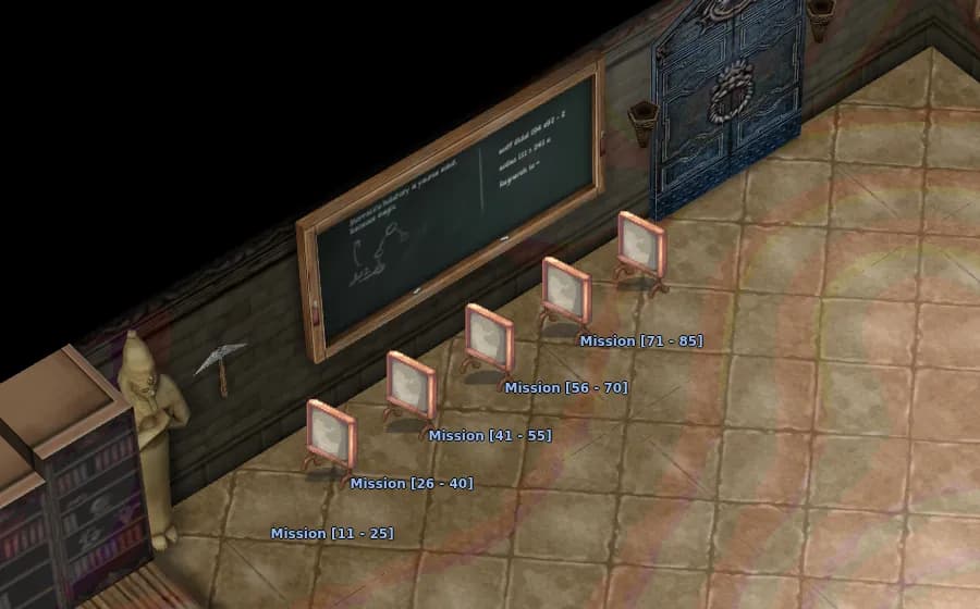 The Lv11-85 mission boards in the headquarters hall in game