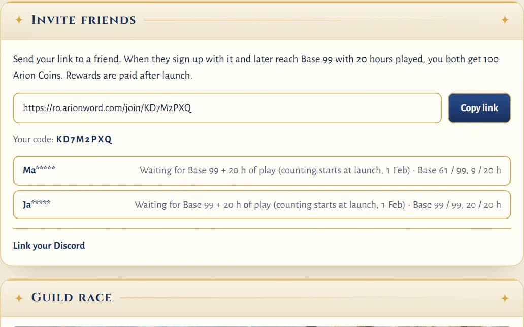 Your account page (sample data) in game