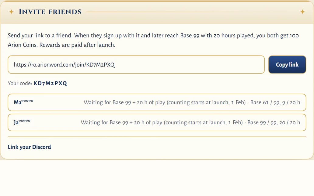 Your invite link and the friends who used it (sample data) in game