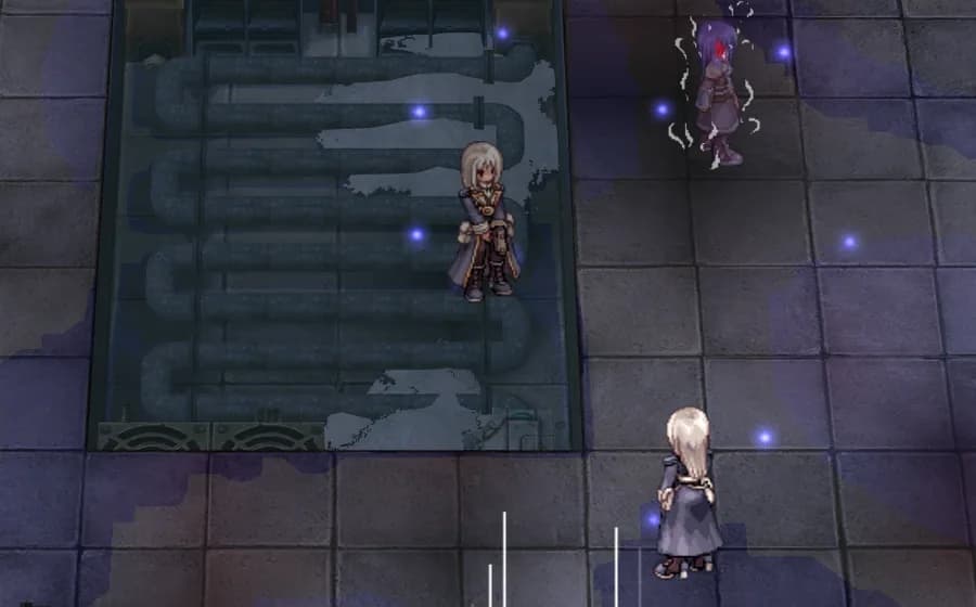 The Morgue: its guards on the tiled floor (the Unknown Swordsman is not in this frame) in game
