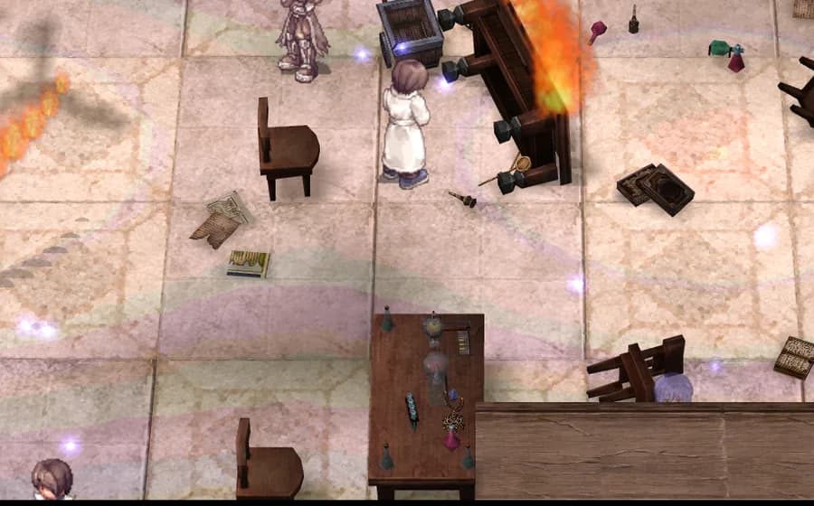 A burning corner of the laboratory in game