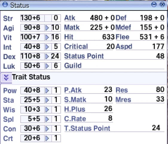 The Status window with the Trait Status panel open (it is open by default): the six trait stats on the left, what they give on the right (P.Atk, S.Matk, H.Plus, C.Rate, Res, Mres). in game