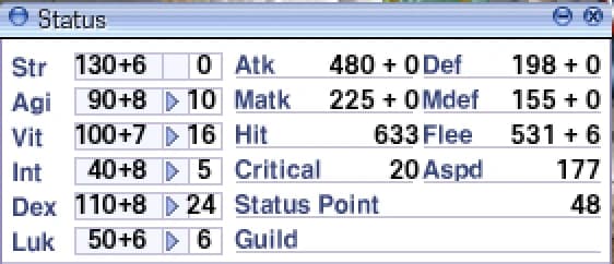 The base stats part of the Status window. Each stat shows its base value and the bonus from gear and buffs (130+6); the number after the arrow is the cost of the next point. in game