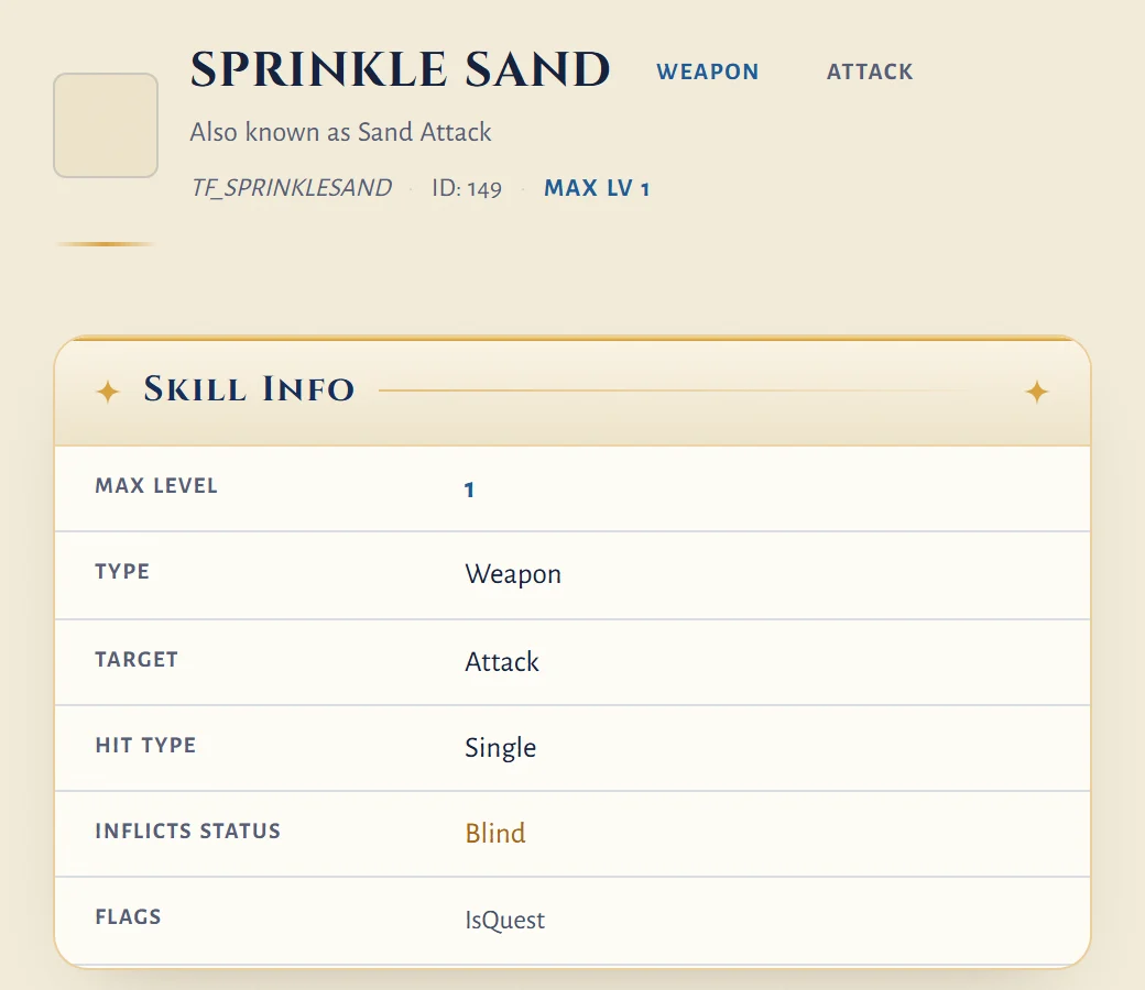 The database page of Sprinkle Sand, with the line Also known as Sand Attack