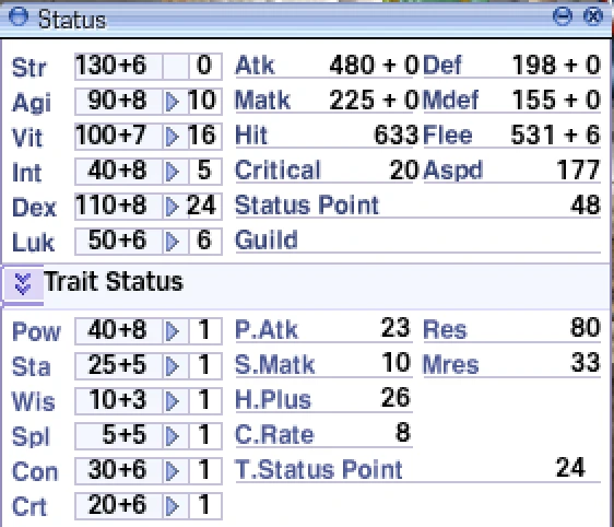 The Status window with the Trait Status panel open