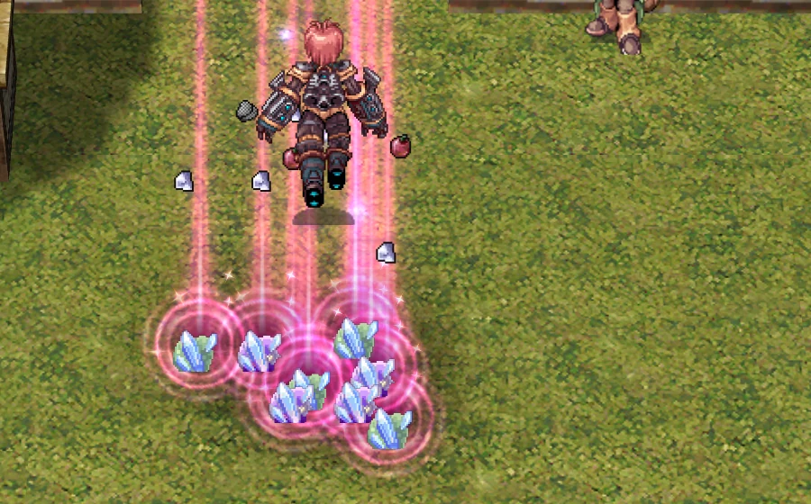 Ores and crystals lying on the ground with pink beams above them