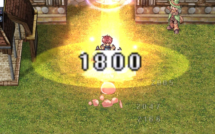 A glowing lava circle on the ground with a damage number 1800 over a Poring