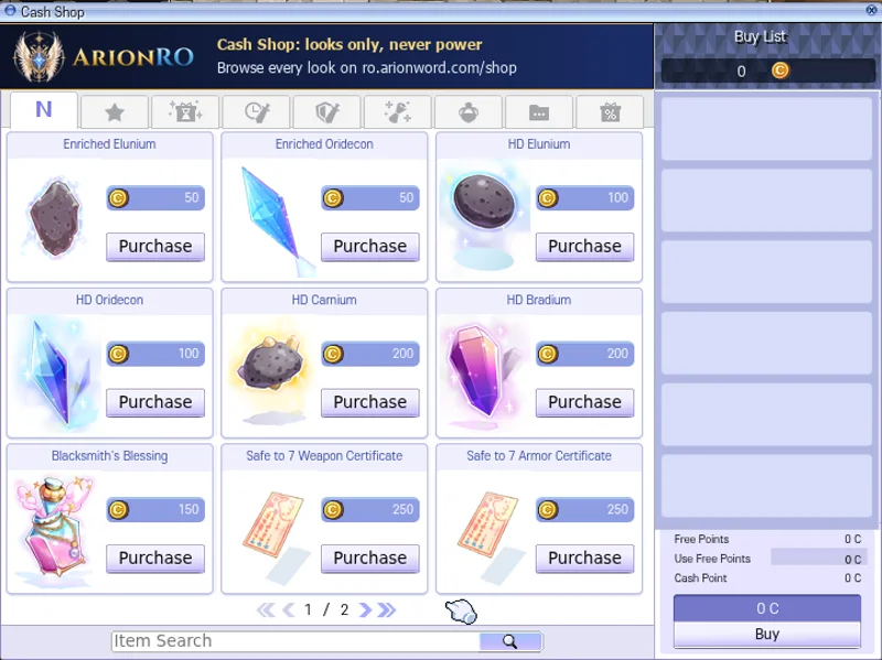 The Cash Shop window with the refine items