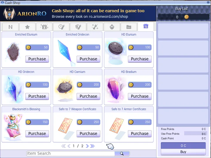 The Cash Shop with the last tab open, listing the refine items