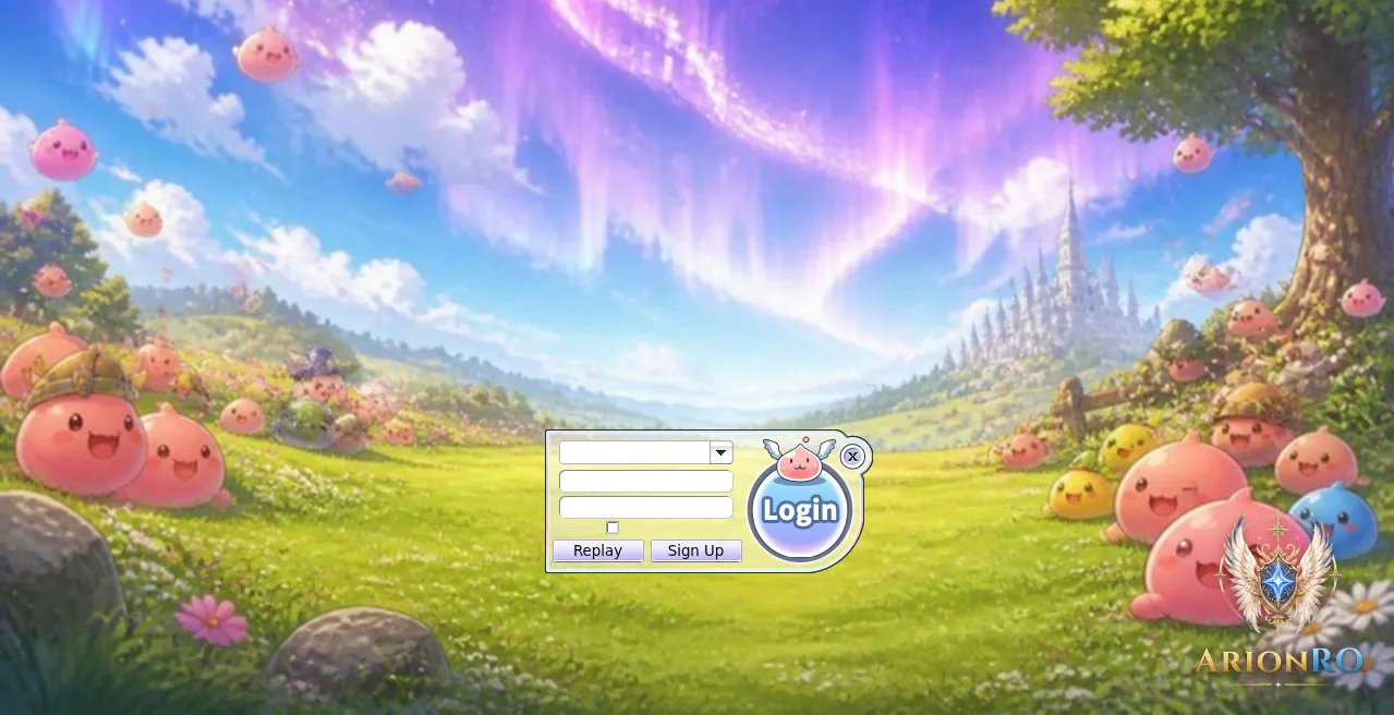 A login background with Porings in a meadow