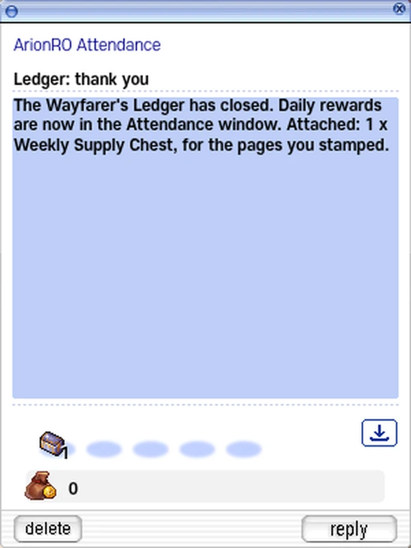 Wayfarer's Ledger thank-you mail with sender, short title and Attached line