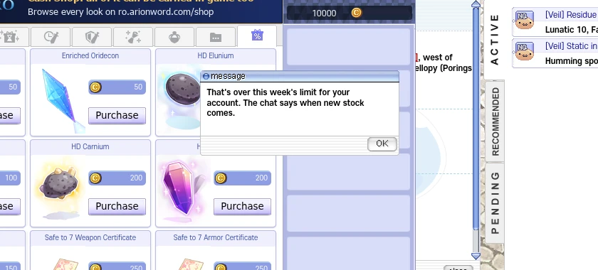 The Cash Shop with the weekly limit message
