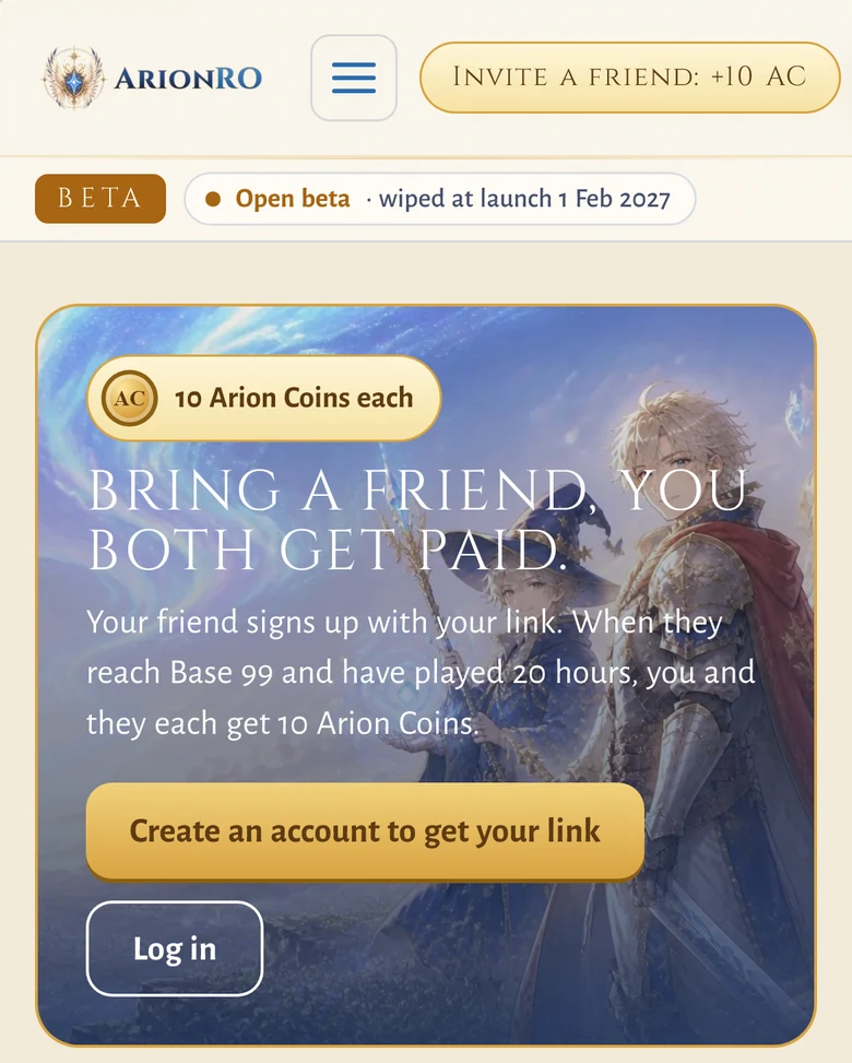 The Invite a Friend page on a phone, showing 10 Arion Coins each