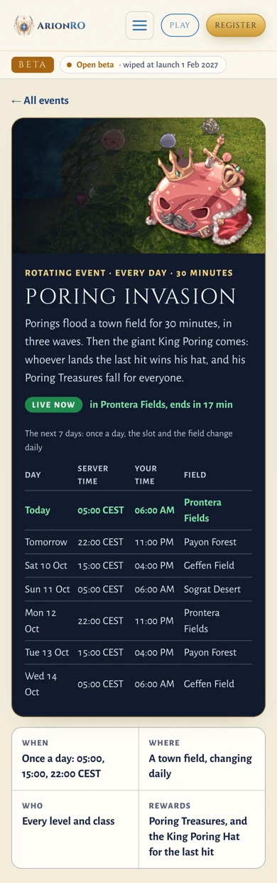 The Poring Invasion event page on a phone