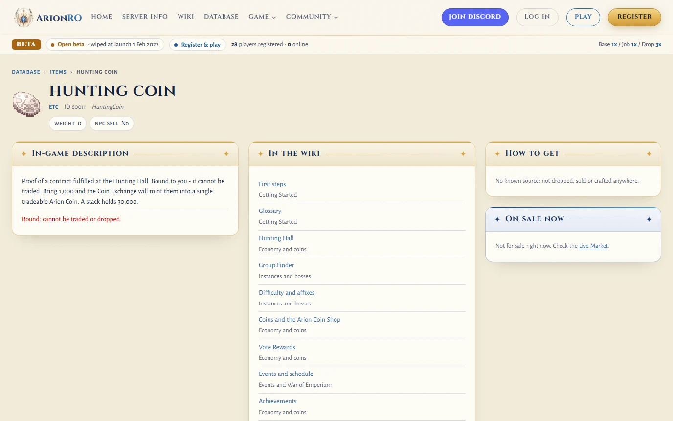 The Hunting Coin item page: bound, cannot be traded or dropped