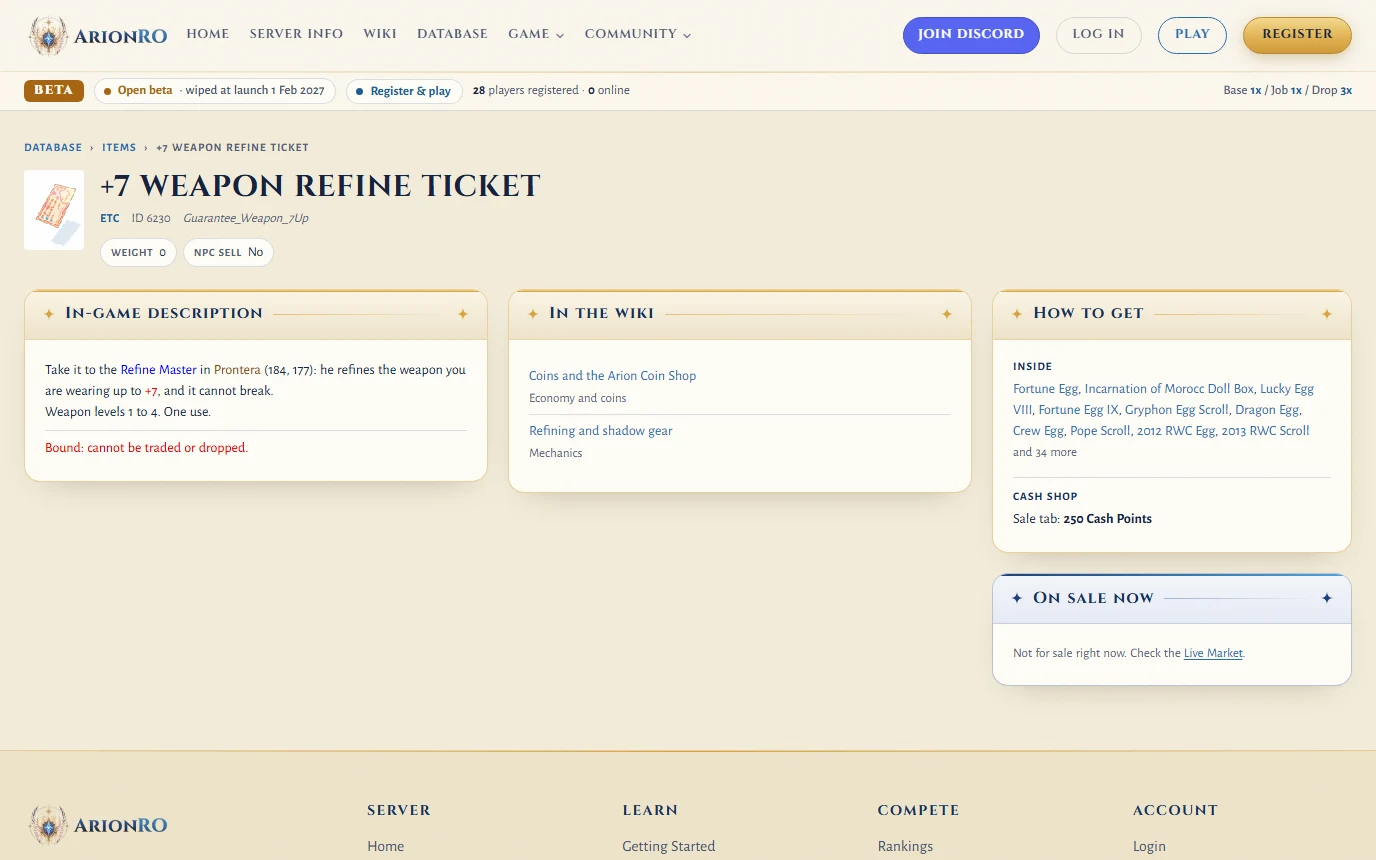 The +7 Weapon Refine Ticket item page with its new description