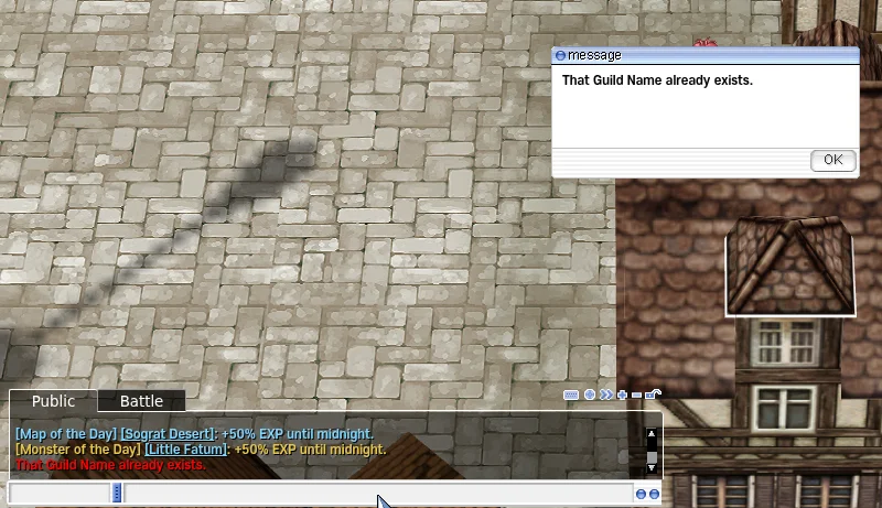 The game refuses a guild name that another account reserved: That Guild Name already exists.