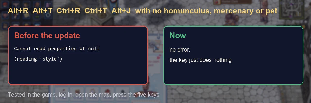Before: the error Cannot read properties of null. Now: no error, the key does nothing
