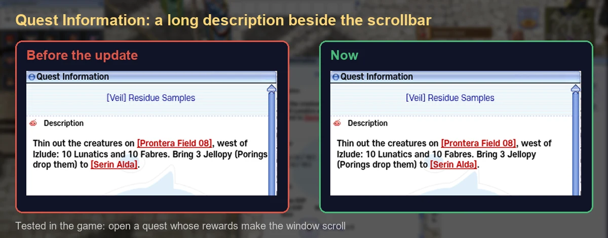 Quest Information for [Veil] Residue Samples. Before: the word Porings is cut by the scrollbar. Now: the line wraps and Porings drop them reads in full