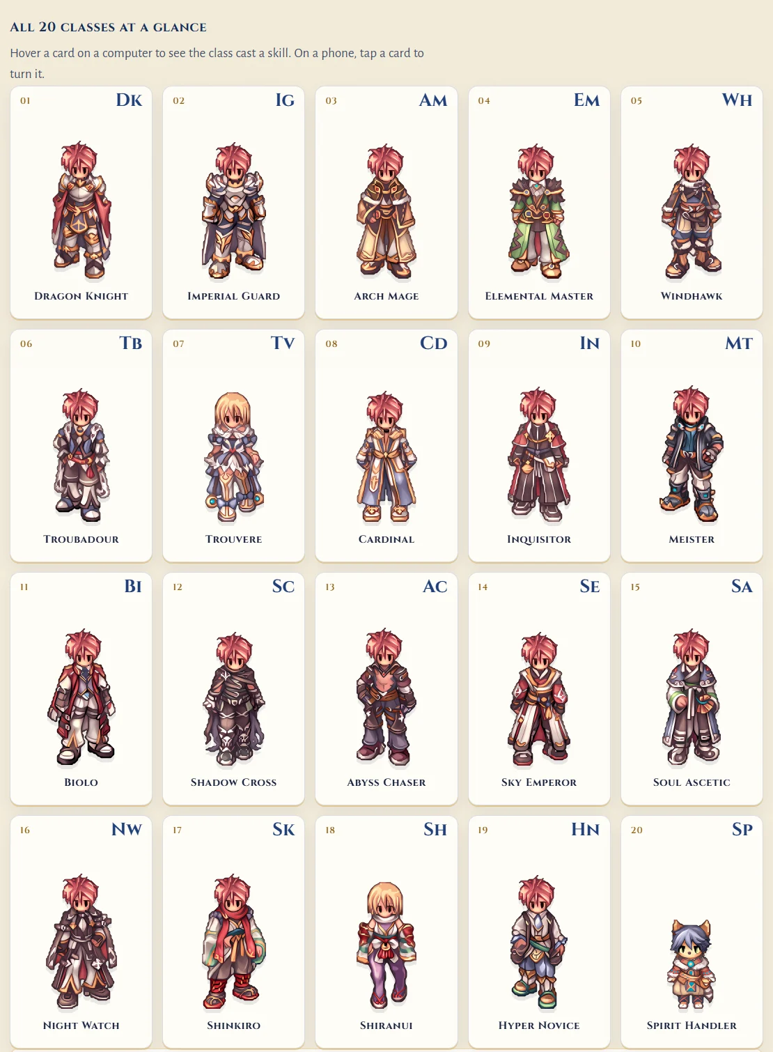 Wiki Classes page: the 20 classes as cards, from Dragon Knight to Spirit Handler