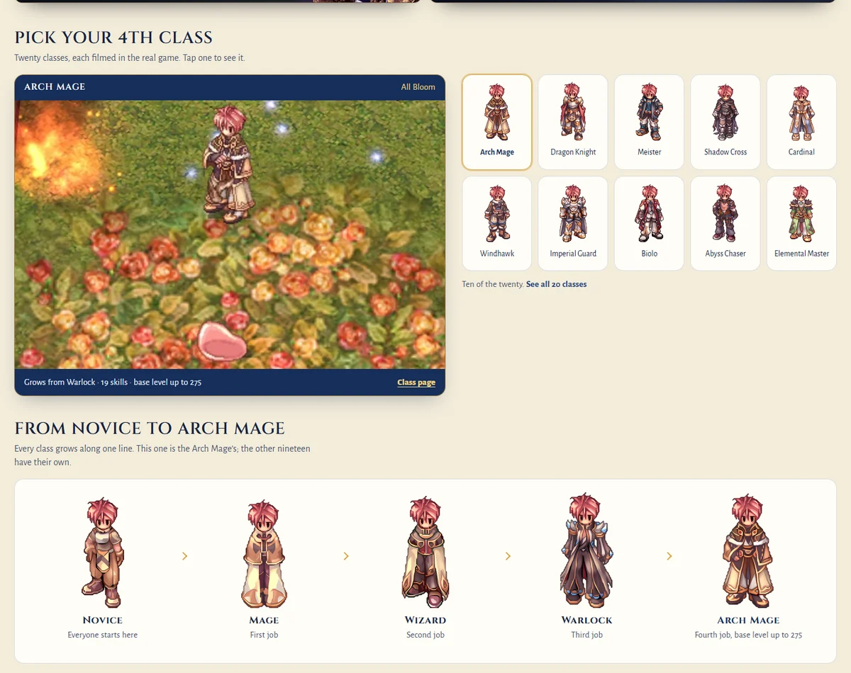 Home page: Pick your 4th class with the Arch Mage filmed in game, ten class tiles, and the path Novice, Mage, Wizard, Warlock, Arch Mage