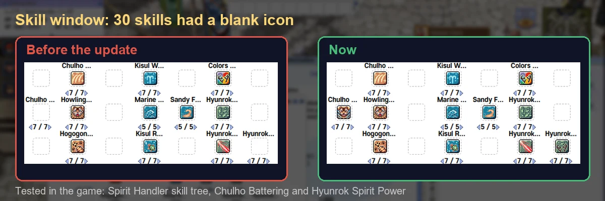 Spirit Handler skill tree. Before: Chulho Battering and Hyunrok Spirit Power are empty squares. Now: both show their icons