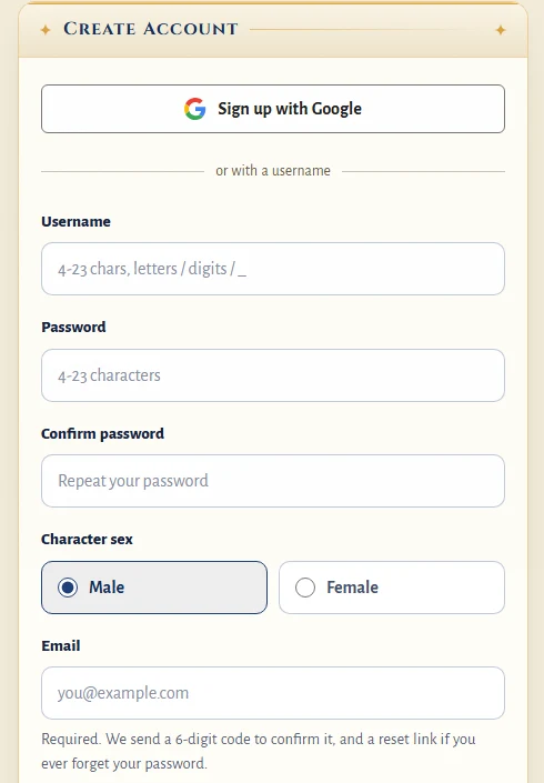 Create Account form: Sign up with Google, then username, password, character sex and the required Email field