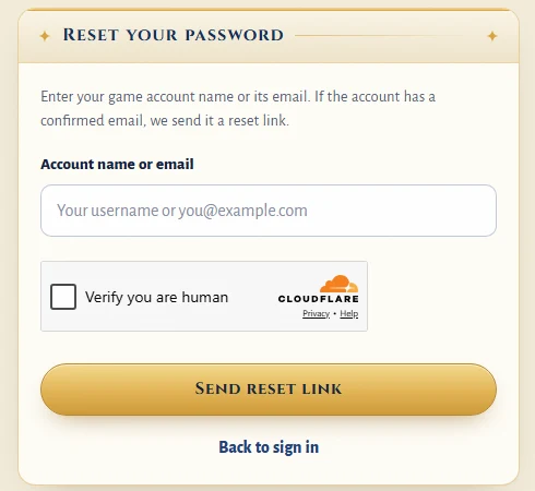 Reset your password form: account name or email field, a human check and the Send reset link button