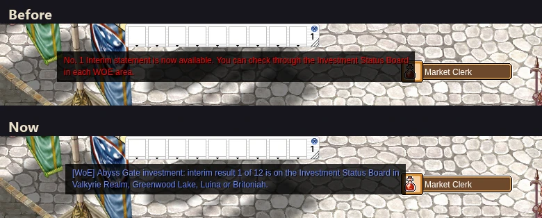 Game chat before and after: a red line 'No. 1 Interim statement is now available' above, a blue [WoE] Abyss Gate investment line below