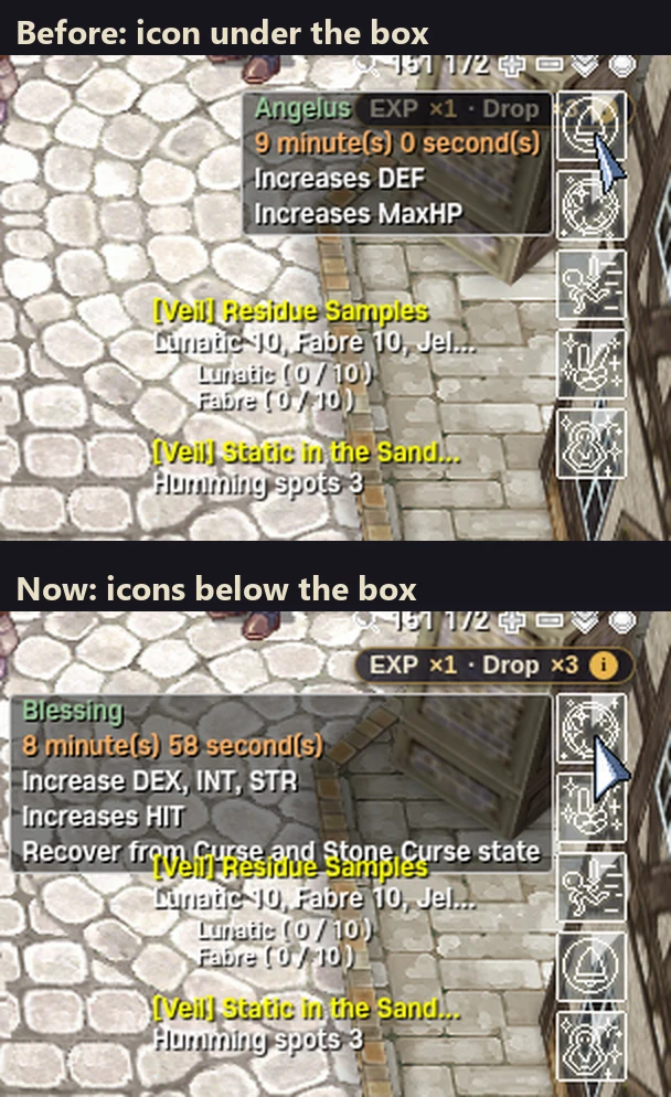 Top right corner of the game before and now: before, the EXP and Drop box covers the first buff icon and its tooltip; now, the icons start below the box