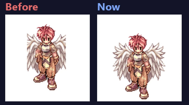 A character with white wings in the Cash Shop Preview: before, the wing tips are cut off at both sides; now, the whole wings show
