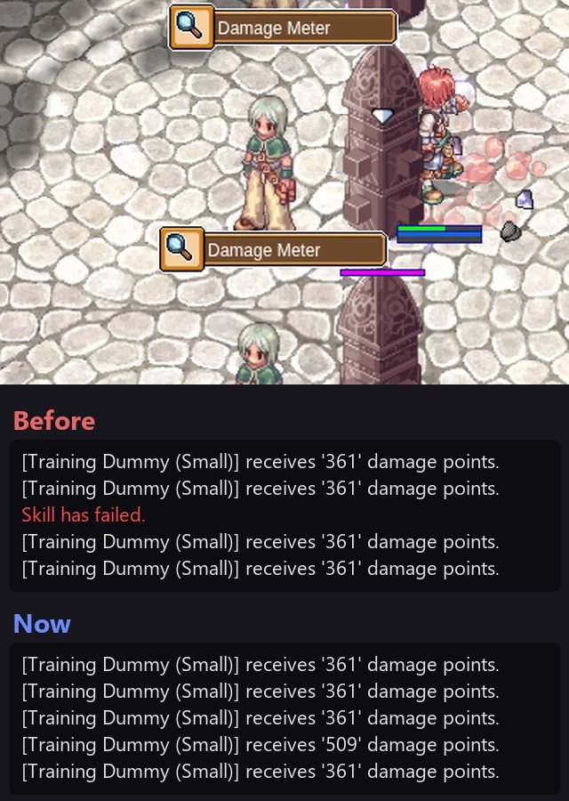 A Hyper Novice hitting a training dummy in Prontera; below, the chat before (damage lines with a red Skill has failed. between them) and now (damage lines only)