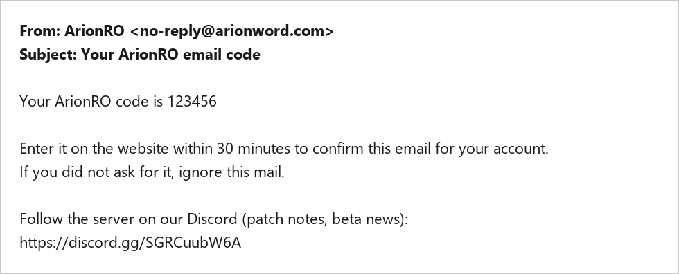 The email code mail from no-reply@arionword.com, ending with: Follow the server on our Discord (patch notes, beta news) and the invite link
