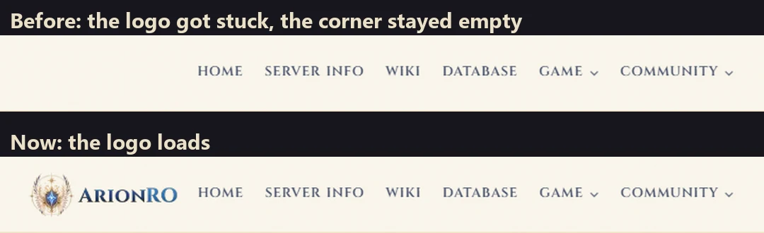 Two strips of the website's top bar: before, the corner where the ArionRO logo belongs is empty next to Home, Server info, Wiki, Database; now, the winged ArionRO logo shows there