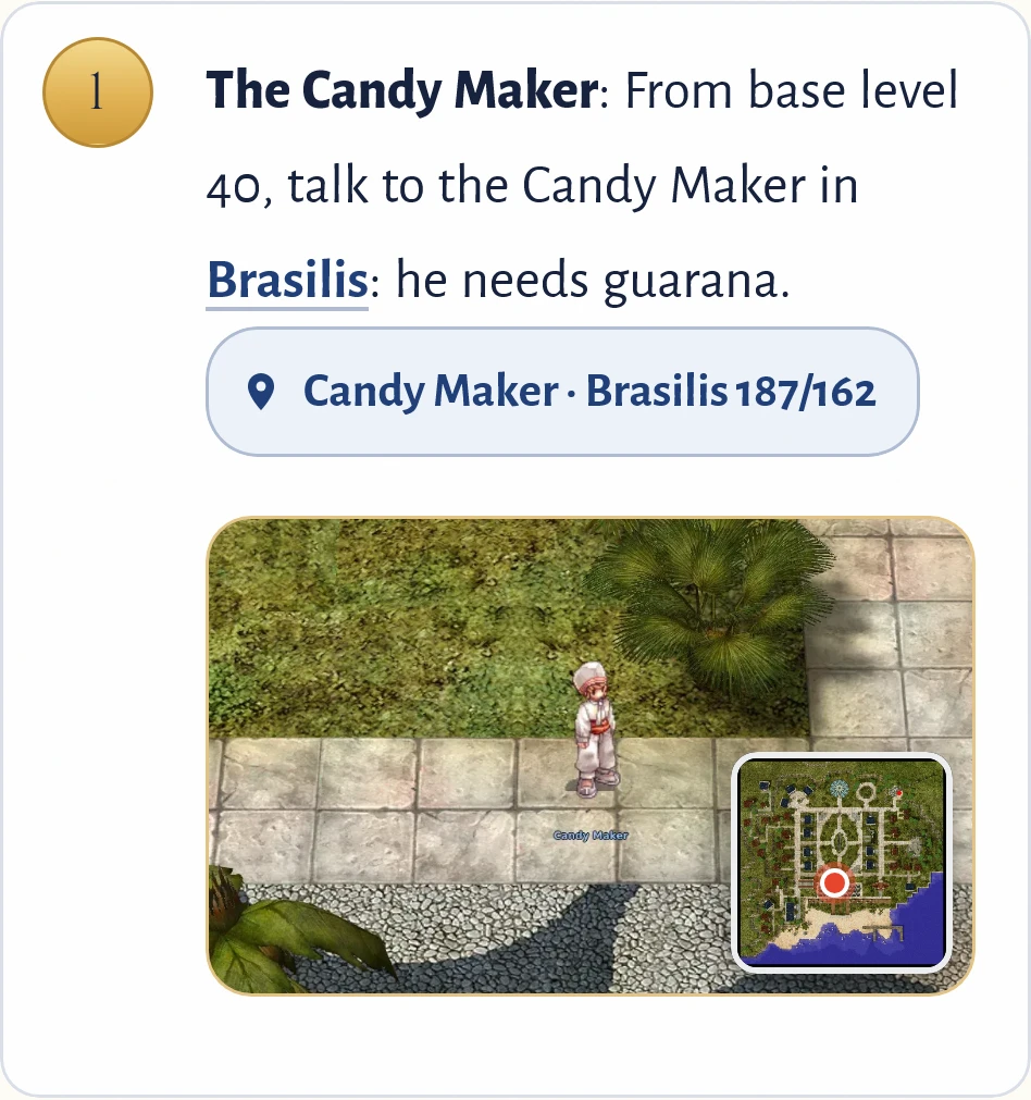 A quest step card with the number 1, the step text, a location chip and a game screenshot under them.
