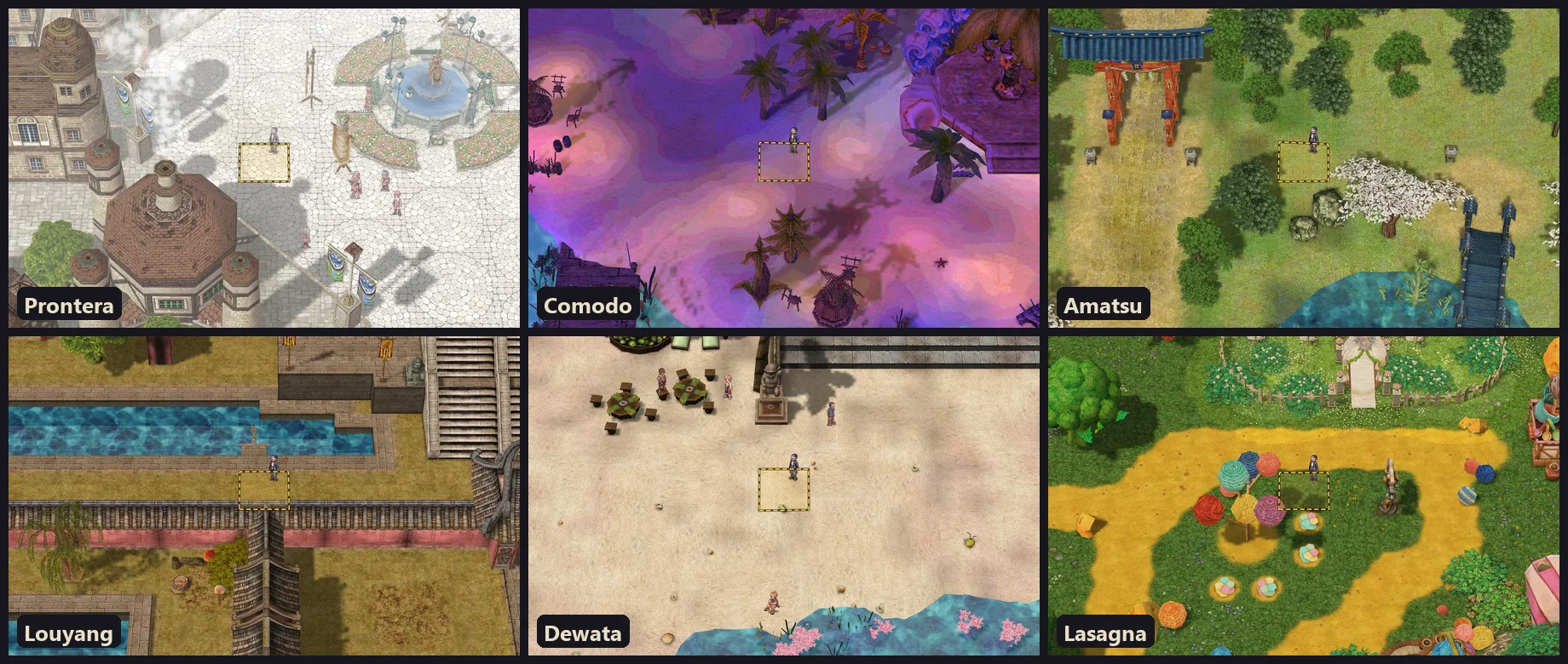 Six of the new Guild Quarters plots, each marked with a dashed square and a Guild Steward: Prontera near the fountain, Comodo on the beach, Amatsu by the torii gate and cherry tree, Louyang beside a canal, Dewata on the sand by the sea, Lasagna in a garden