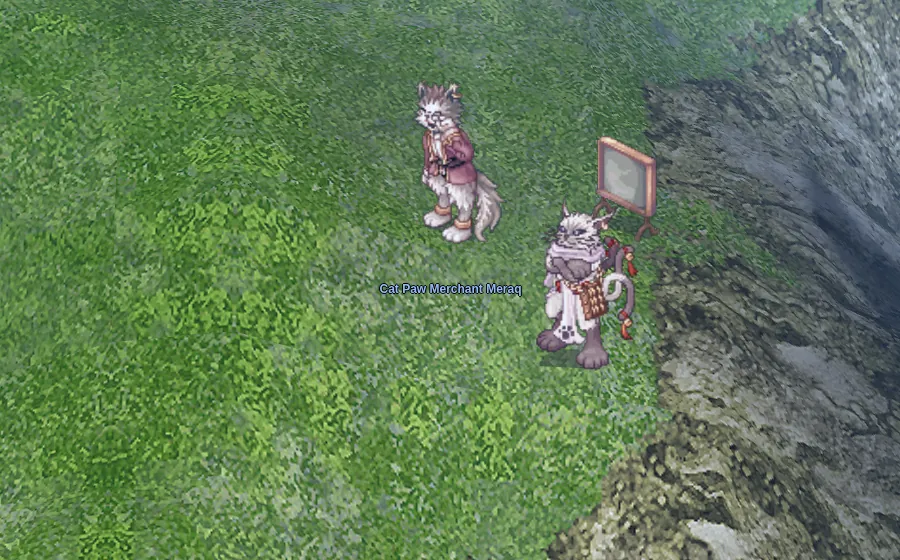 A Cat Paw Merchant beside an Investment Status Board on a grassy cliff edge, one of the four investment spots